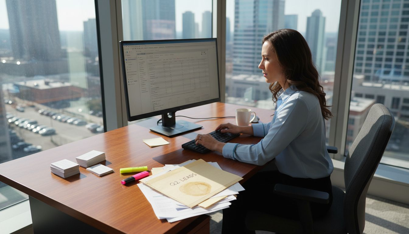 Manager reviewing B2B database in office