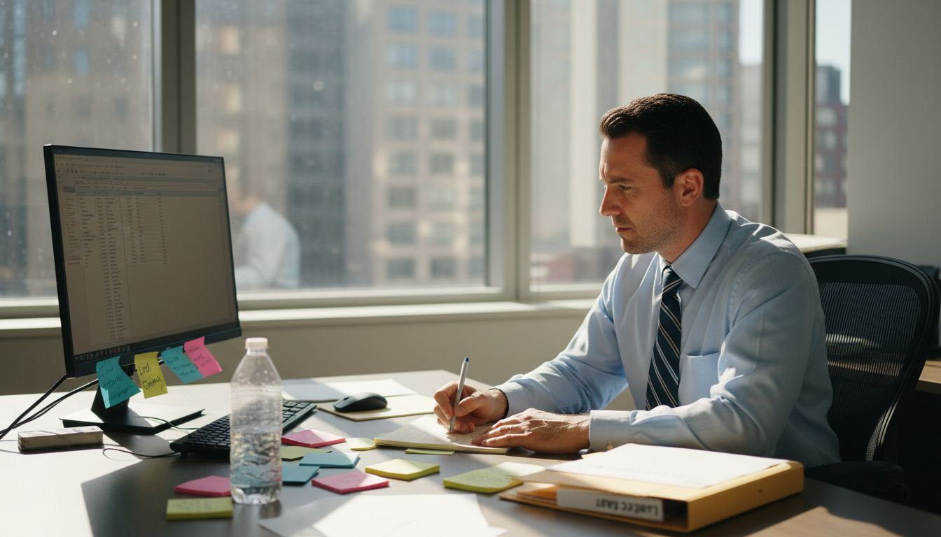 Sales manager reviewing lead criteria at office desk