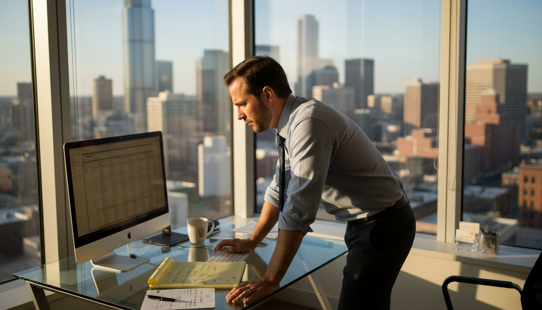 Manager reviews prospect list in city office