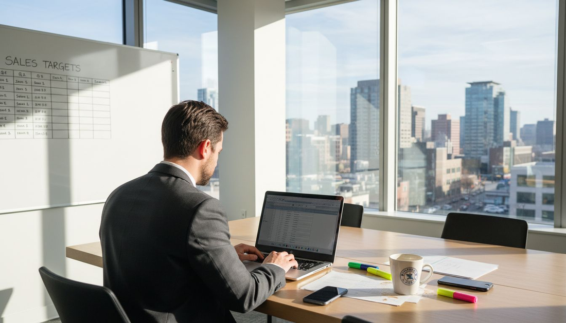 Businessman checking B2B contacts in bright office