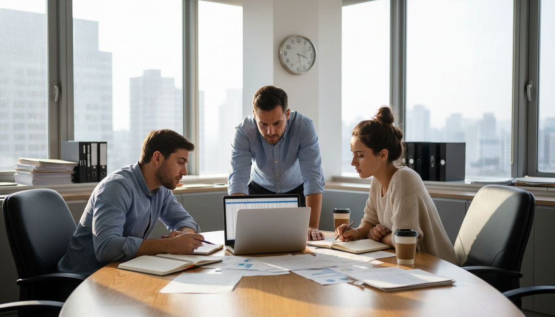 Business team reviewing B2B data in office