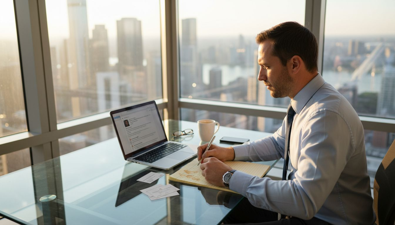 Sales executive sourcing B2B contacts in office