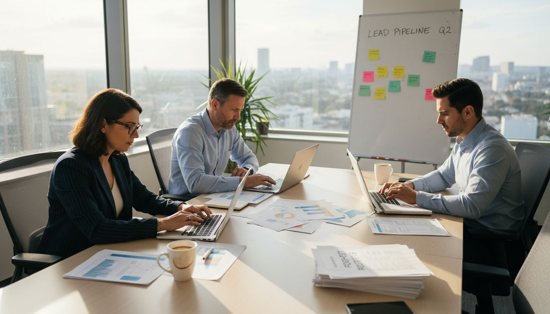 Sales team reviewing B2B lead pipeline in office