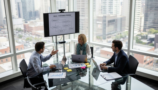 Business team reviews segmentation strategy in office