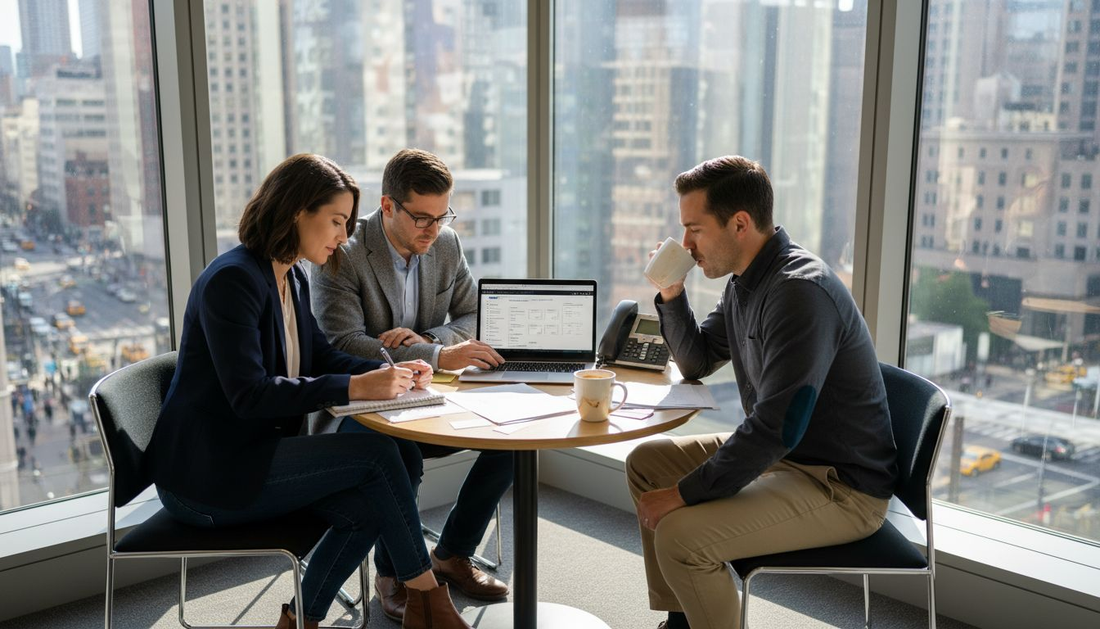 Sales team collaborating in office on lead sheets