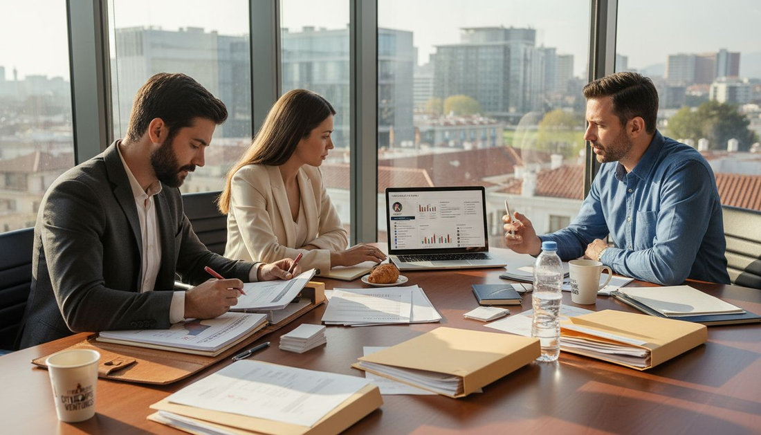 Sales team reviewing B2B checklist in office