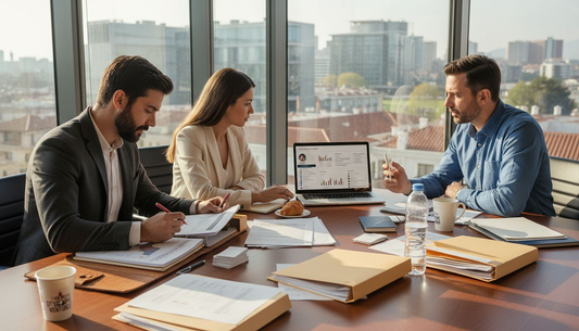 Sales team reviewing B2B checklist in office