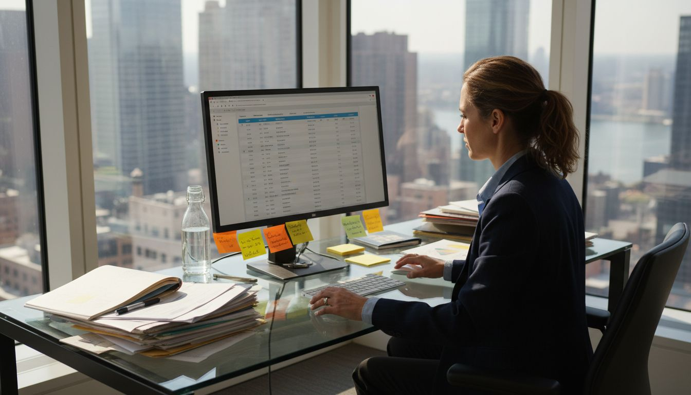 Businesswoman reviewing segmented contacts at desk