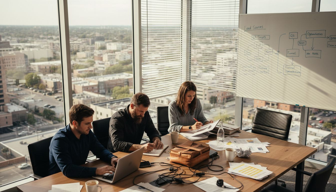 Sales team reviews lead generation data in office