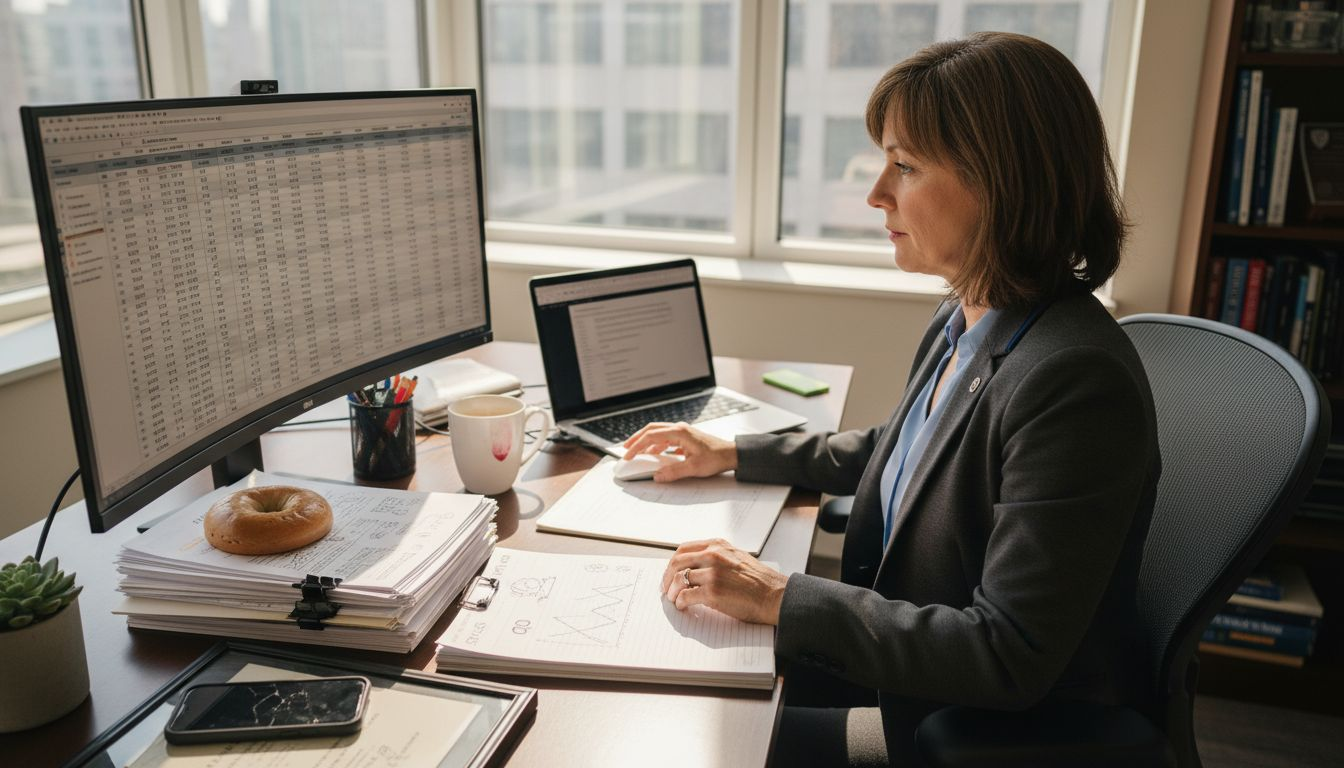 Businesswoman reviewing lead generation spreadsheet