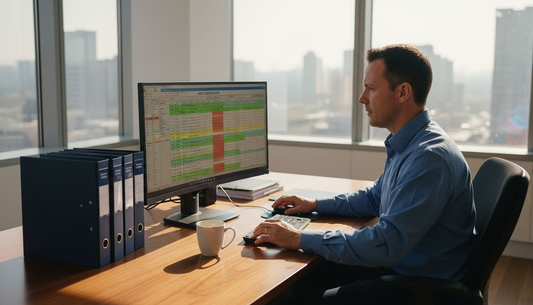 Office manager reviewing B2B data spreadsheet