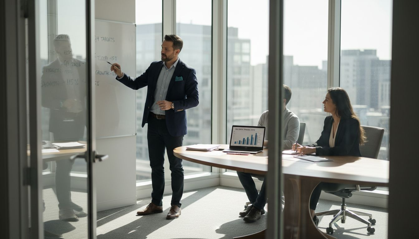 Sales team in bright office reviewing data trends
