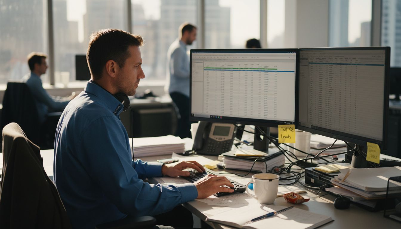 Sales manager reviewing B2B lead spreadsheet