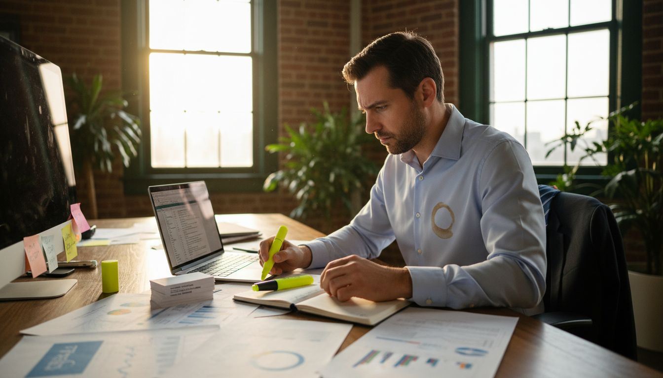 Business analyst verifying leads at office desk