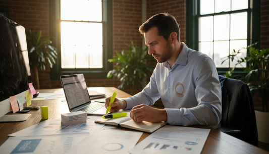 Business analyst verifying leads at office desk